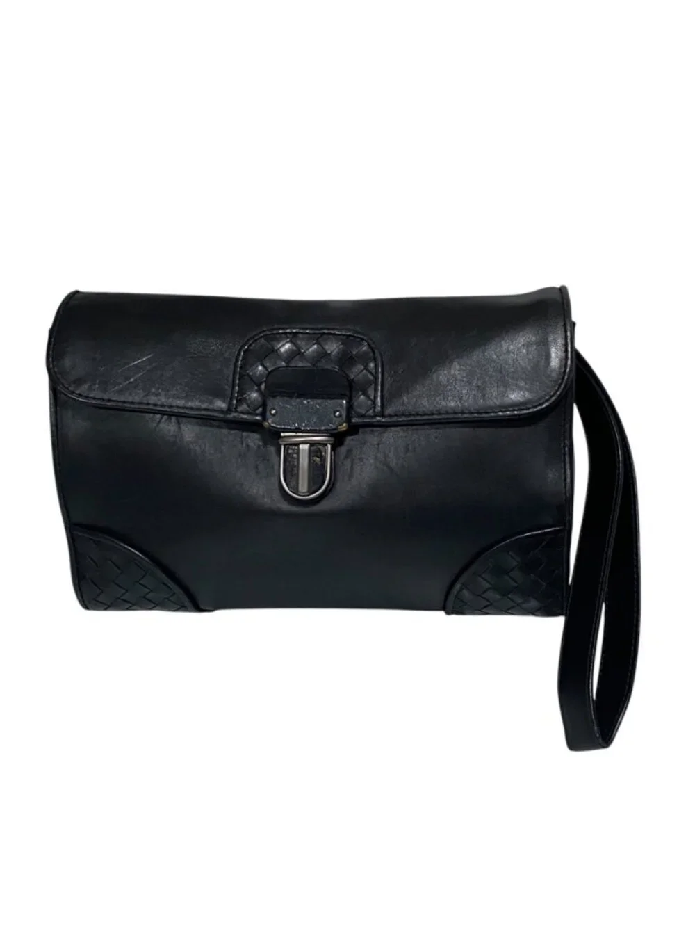 Bottega Veneta Intrecciato Leather Pouchette Clutch Wristlet in Black